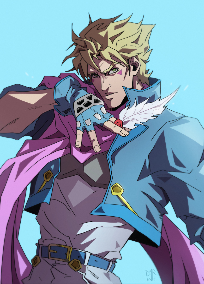 1boy, absurdres, battle_tendency, blonde_hair, blue_background, blue_jacket, caesar_anthonio_zeppeli, cropped_jacket