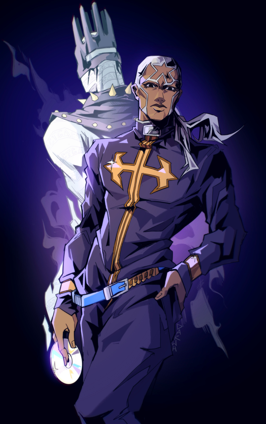 2boys, collar, dark-skinned_male, dark_skin, darwh, enrico_pucci, grey_hair, hand_on_hip