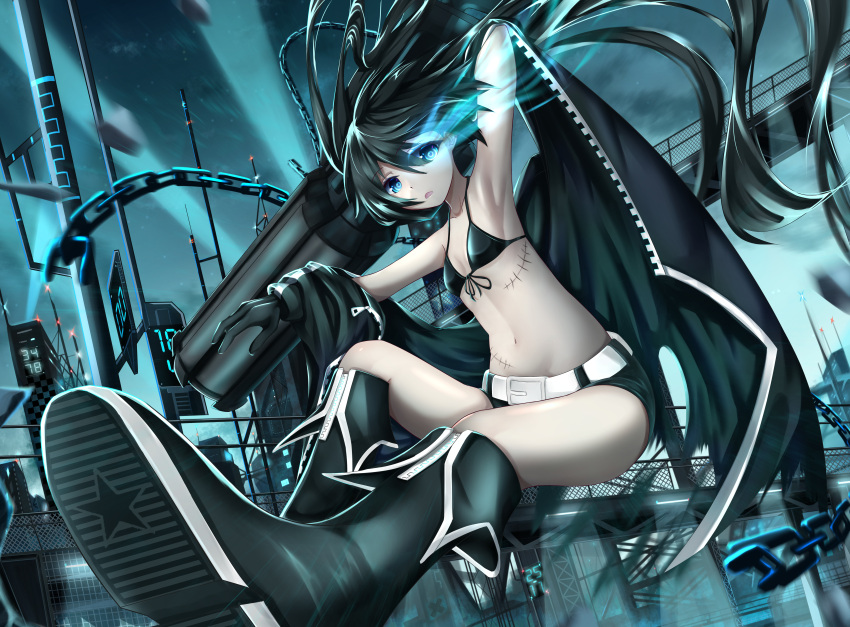 absurdres, bare_shoulders, belt, black_gloves, black_hair, black_jacket, black_rock_shooter, black_rock_shooter_(character)