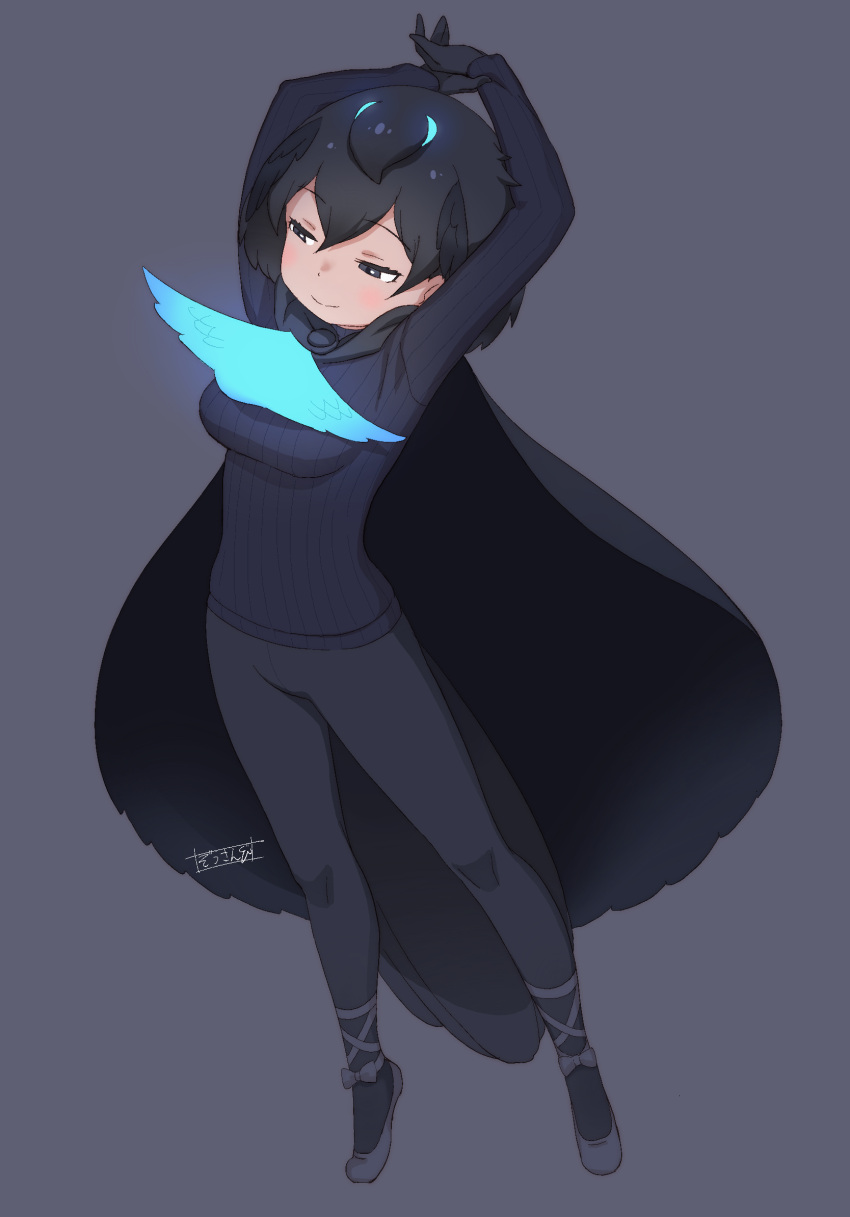 1girl, arms_up, ballet_slippers, bird_girl, bird_tail, bird_wings, black_cape, black_eyes