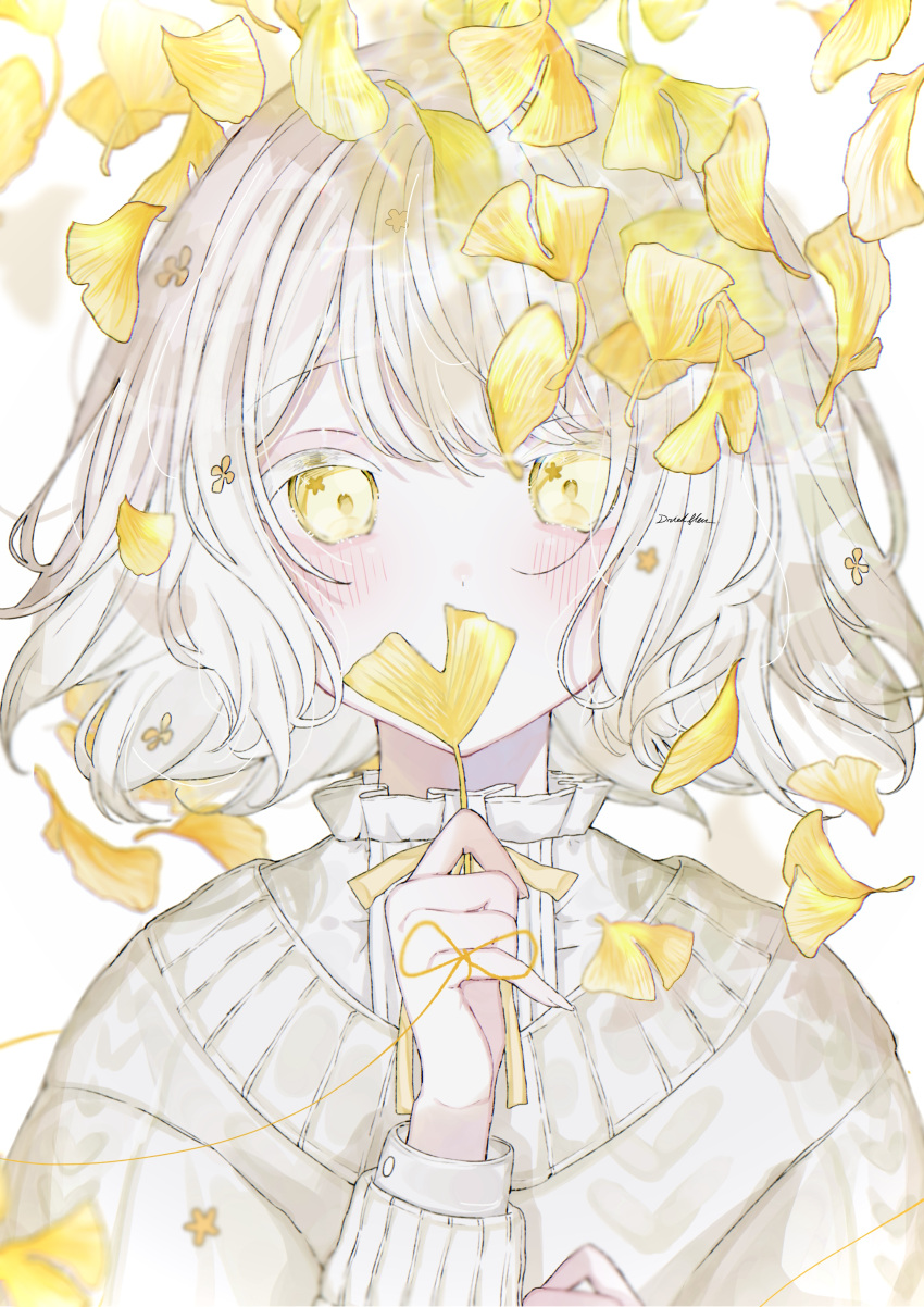 1girl, absurdres, autumn_leaves, blush, covering_mouth, driedflower, frilled_sweater, ginkgo_leaf