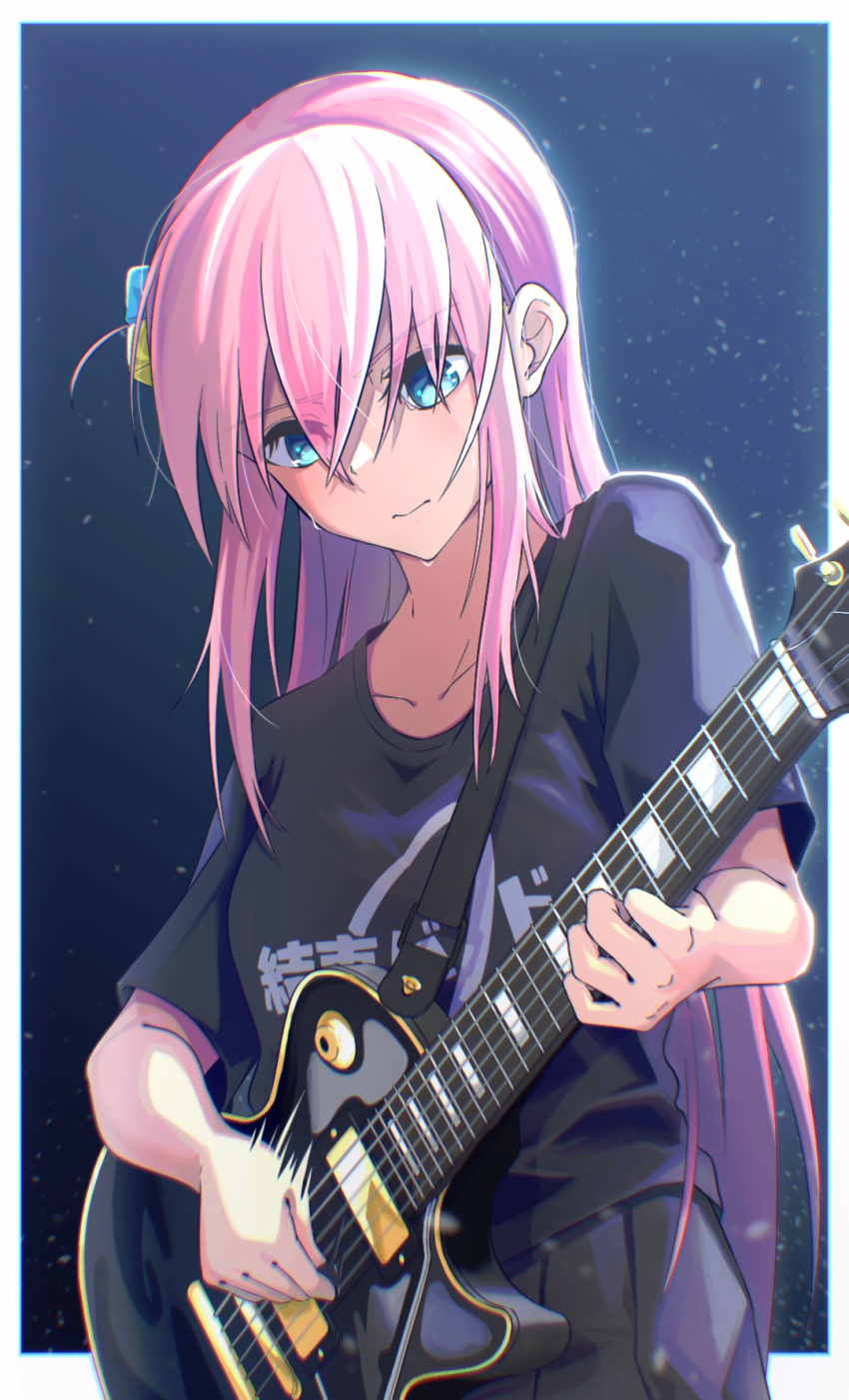1girl, black_shirt, black_skirtu, blue_eyes, blush, bocchi_the_rock!, border, closed_mouth