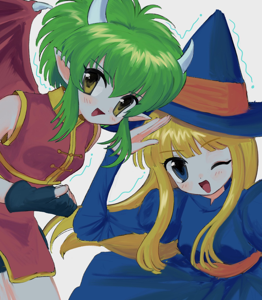 2girls, black_gloves, blonde_hair, blue_dress, blue_eyes, blue_headwear, breasts, china_dress, chinese_clothes, draco_centauros, dragon_girl, dragon_horns, dragon_wings, dress, fingerless_gloves, gloves, green_hair, hat, highres, horns, juliet_sleeves, long_hair, long_sleeves, looking_at_viewer, madou_monogatari, medium_breasts, multiple_girls, one_eye_closed, open_mouth, pepeppepe101, pointy_ears, puffy_sleeves, puyo_(puyopuyo), puyopuyo, red_dress, red_wings, short_hair_with_long_locks, wings, witch_(puyopuyo), witch_hat, yellow_eyes