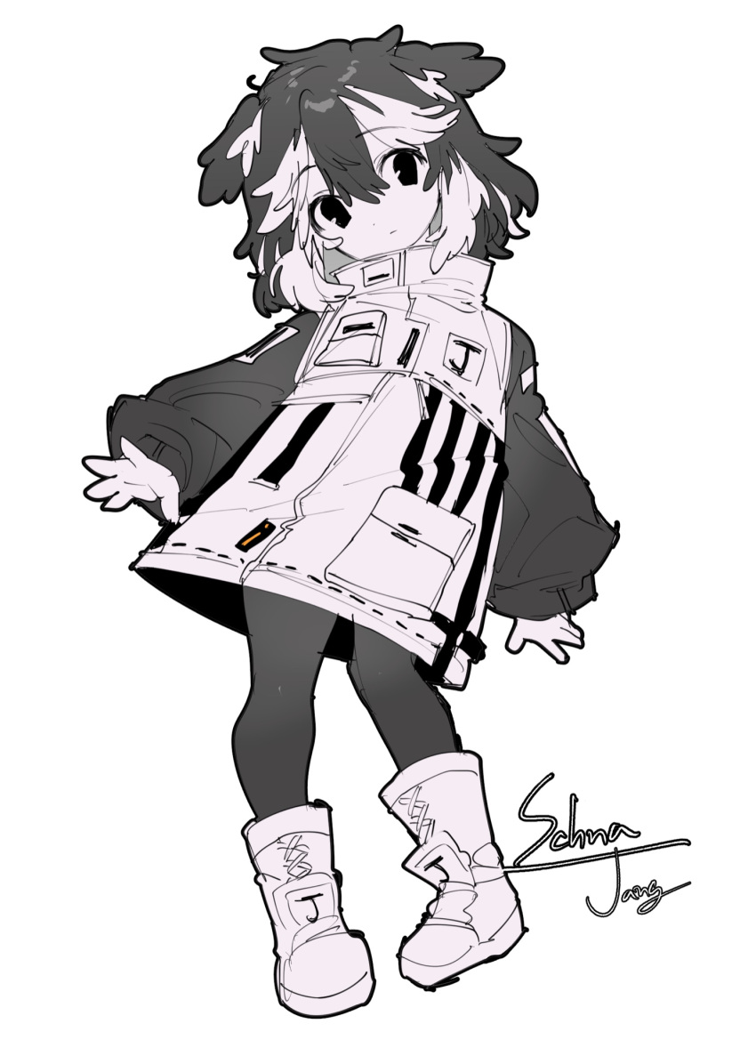 1girl, animal_ears, black_eyes, black_hair, black_jacket, black_pantyhose, boots, closed_mouth