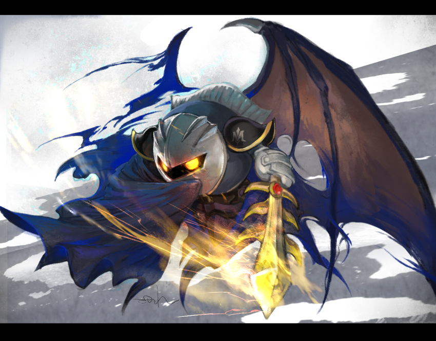 1boy, cape, commentary_request, covering_mouth, flying, glowing, glowing_sword, glowing_weapon