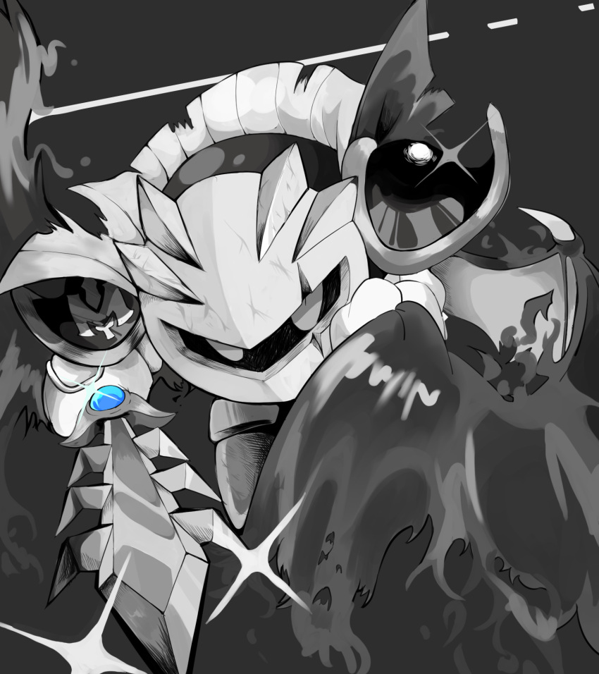 1boy, cape, commentary_request, dark_meta_knight, glaring, highres, holding, holding_sword, holding_weapon, kirby_(series), looking_at_viewer, male_focus, mask, miru_(milusour), monochrome, solo, sparkle, sword, weapon