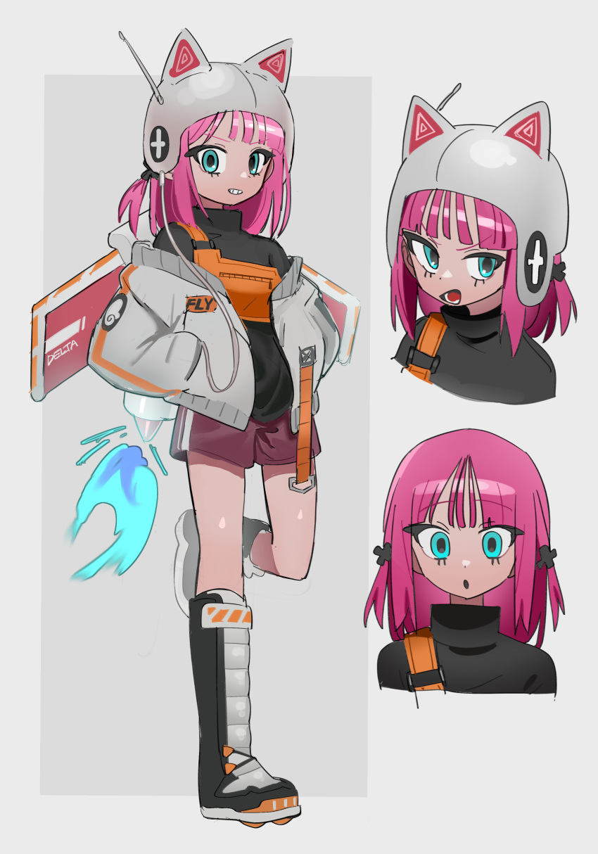 1girl, :o, absurdres, animal_ears_helmet, black_footwear, black_sweater, blue_eyes, boots