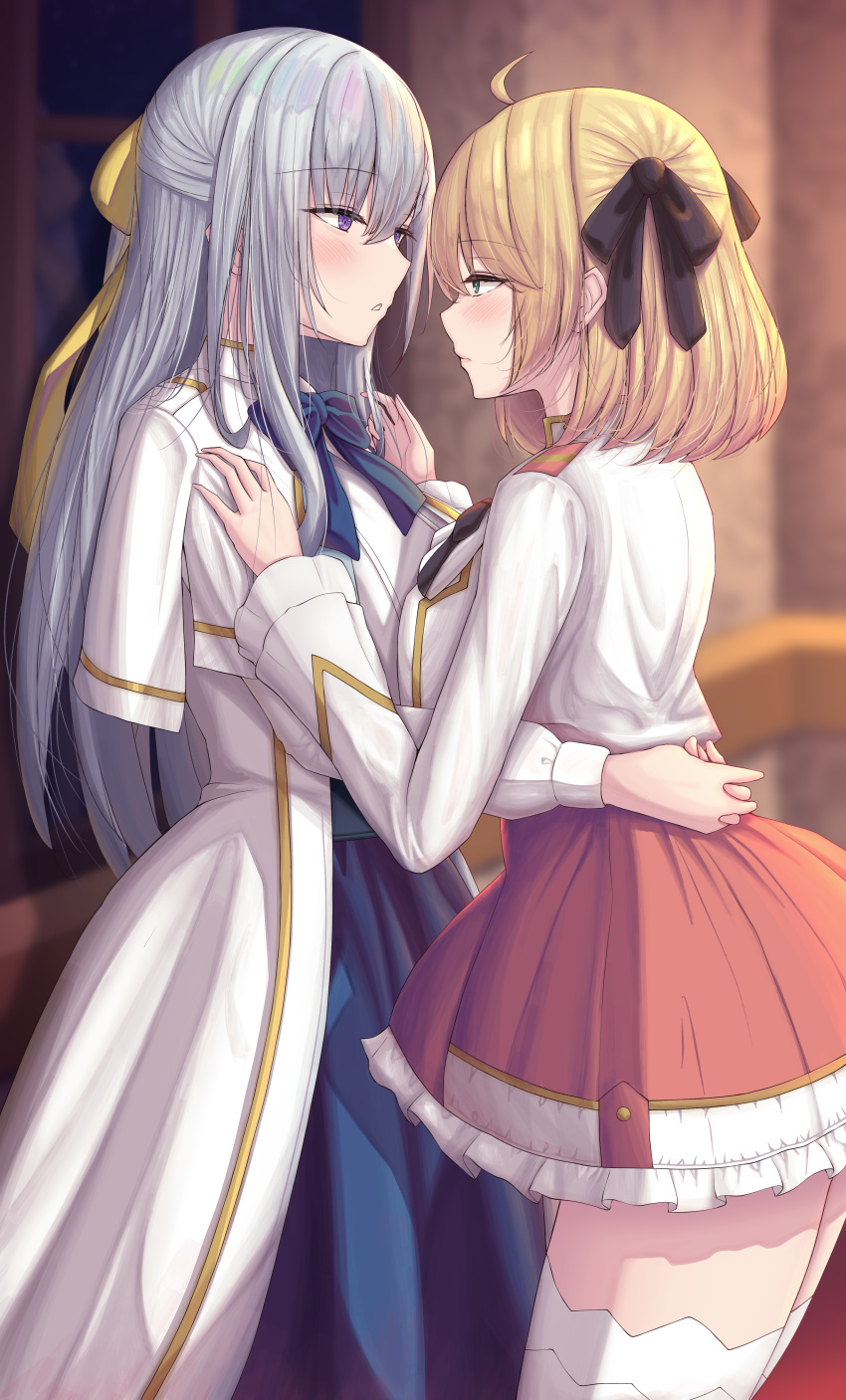 2girls, absurdres, anisphia_wynn_palettia, arms_around_waist, blonde_hair, blush, chin_gero, dress