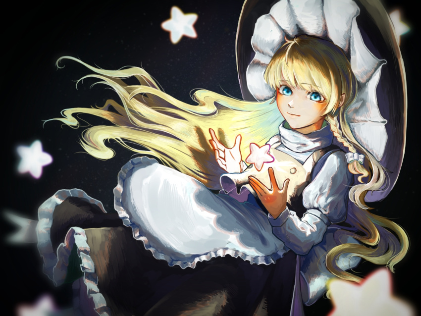 1girl, apron, black_background, black_headwear, black_skirt, black_vest, blonde_hair, blue_eyes