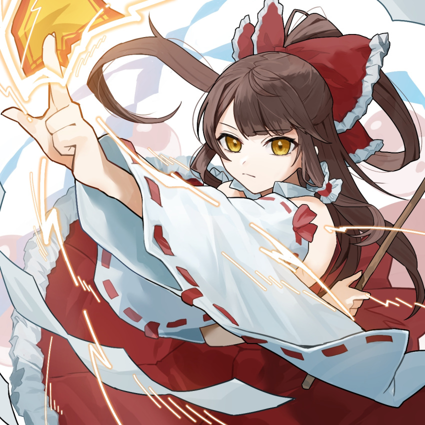 1girl, arm_up, bow, brown_hair, closed_mouth, frilled_bow, frilled_hair_tubes, frills