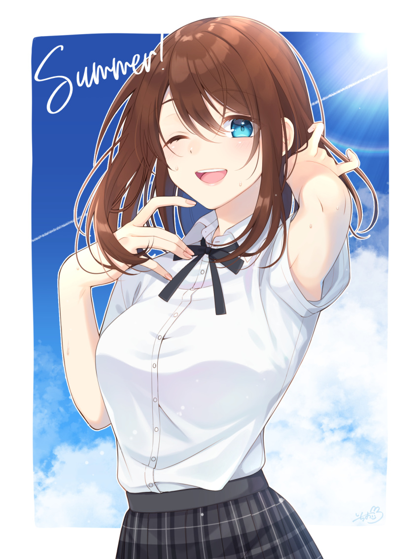 1girl, 1o_(ichio), anzu_(ensemble_stars!), black_ribbon, blue_eyes, blue_sky, brown_hair, clouds