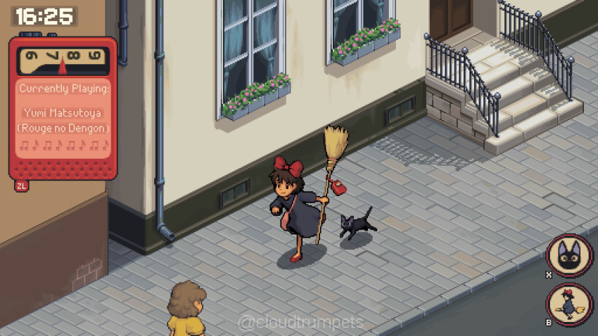 1girl, amour_(cloudtrumpets), black_cat, black_skirt, bow, broom, cat, city, fake_screenshot, hair_bow, highres, jiji_(majo_no_takkyuubin), kiki_(majo_no_takkyuubin), majo_no_takkyuubin, outdoors, radio, red_bow, red_footwear, running, signature, skirt, studio_ghibli, video_game, witch