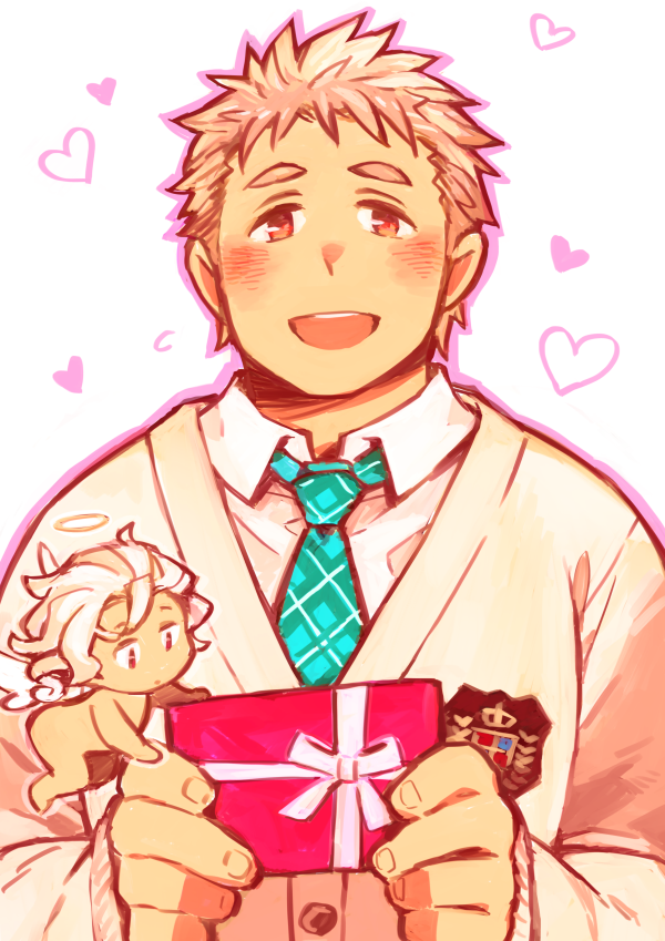 2boys, badge, blonde_hair, blush, brown_eyes, cardigan, cherub, commentary_request