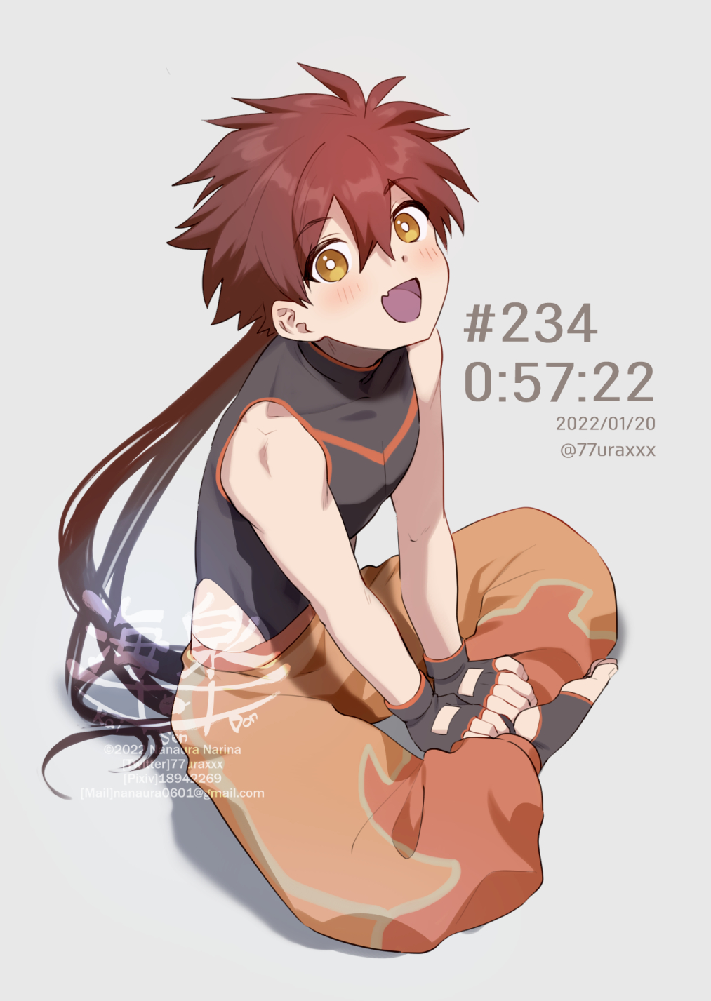 1boy, 2022, black_gloves, black_shirt, blush, chinese_clothes, crossed_legs, fingerless_gloves