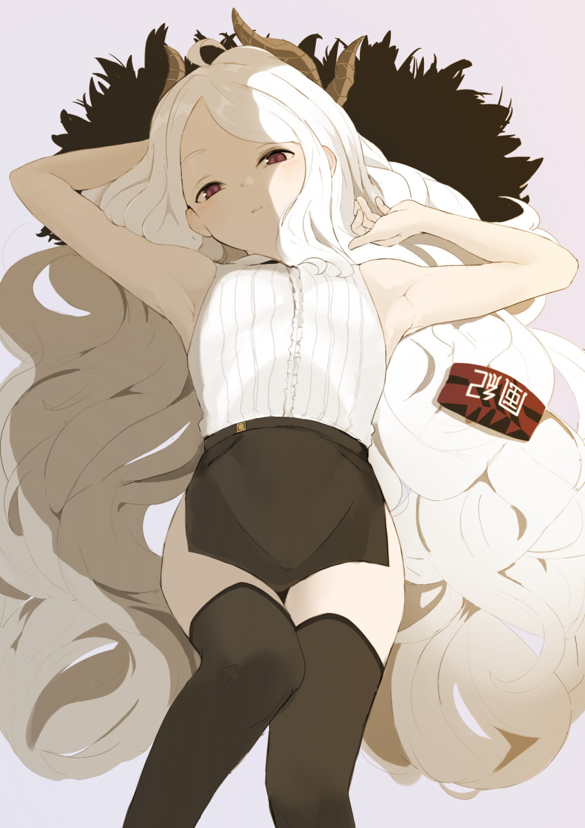 1girl, ahoge, alternate_eye_color, arm_behind_head, armpits, black_skirt, black_thighhighs, blue_archive, commentary_request, demon_girl, demon_horns, forehead, halo, highres, hina_(blue_archive), horns, knee_up, long_hair, looking_at_viewer, lying, official_alternate_costume, on_back, parted_bangs, parted_lips, ponytail, red_eyes, saikoro0306, shirt, side_slit, sidelocks, simple_background, skirt, sleeveless, sleeveless_shirt, solo, thigh-highs, wavy_hair, white_hair, zettai_ryouiki