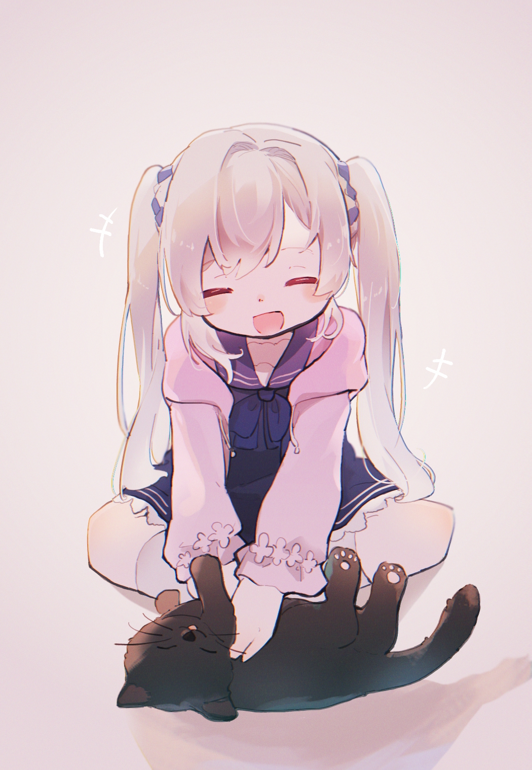 1girl, :d, animal, black_cat, blue_bow, blue_bowtie, blue_dress, blue_sailor_collar