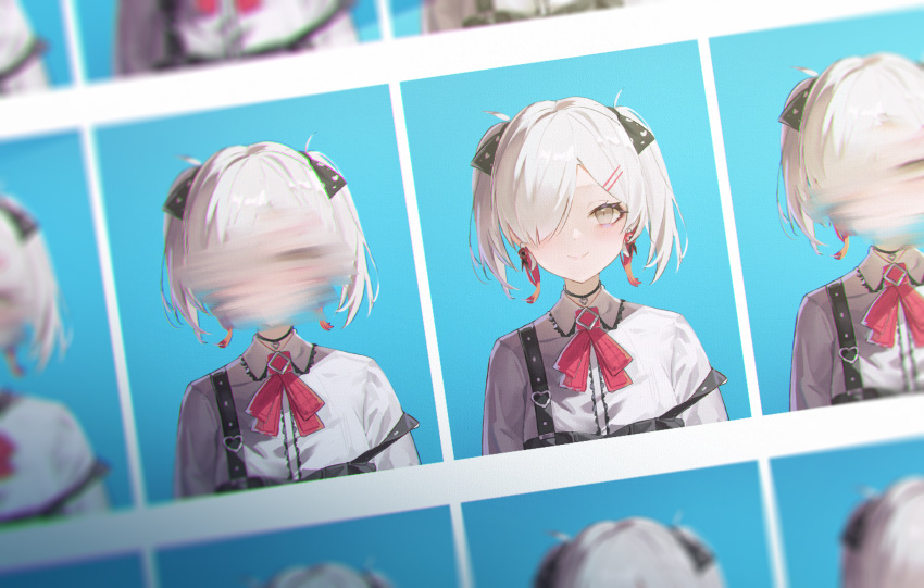 1girl, alternate_hair_length, alternate_hairstyle, black_ribbon, blurry, choker, closed_mouth, covered_face