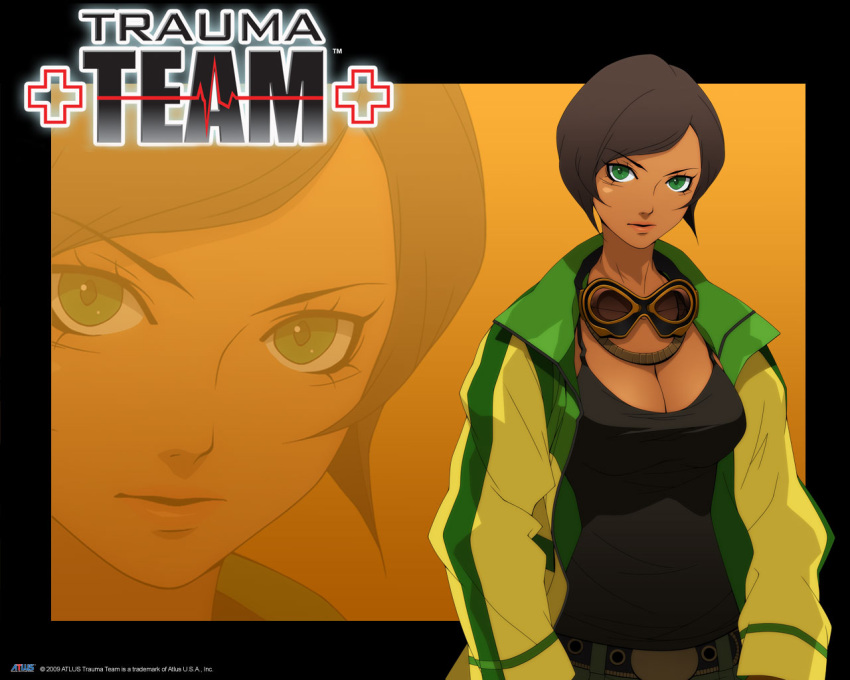:d, belt, black_hair, bob_cut, border, breasts, brown_hair, bust