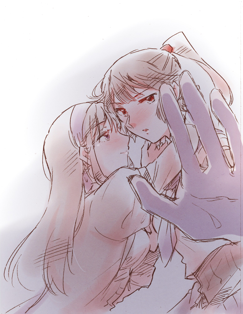 2girls, arm_around_neck, assault_lily, black_hair, blush, brown_hair, brown_jacket, closed_mouth