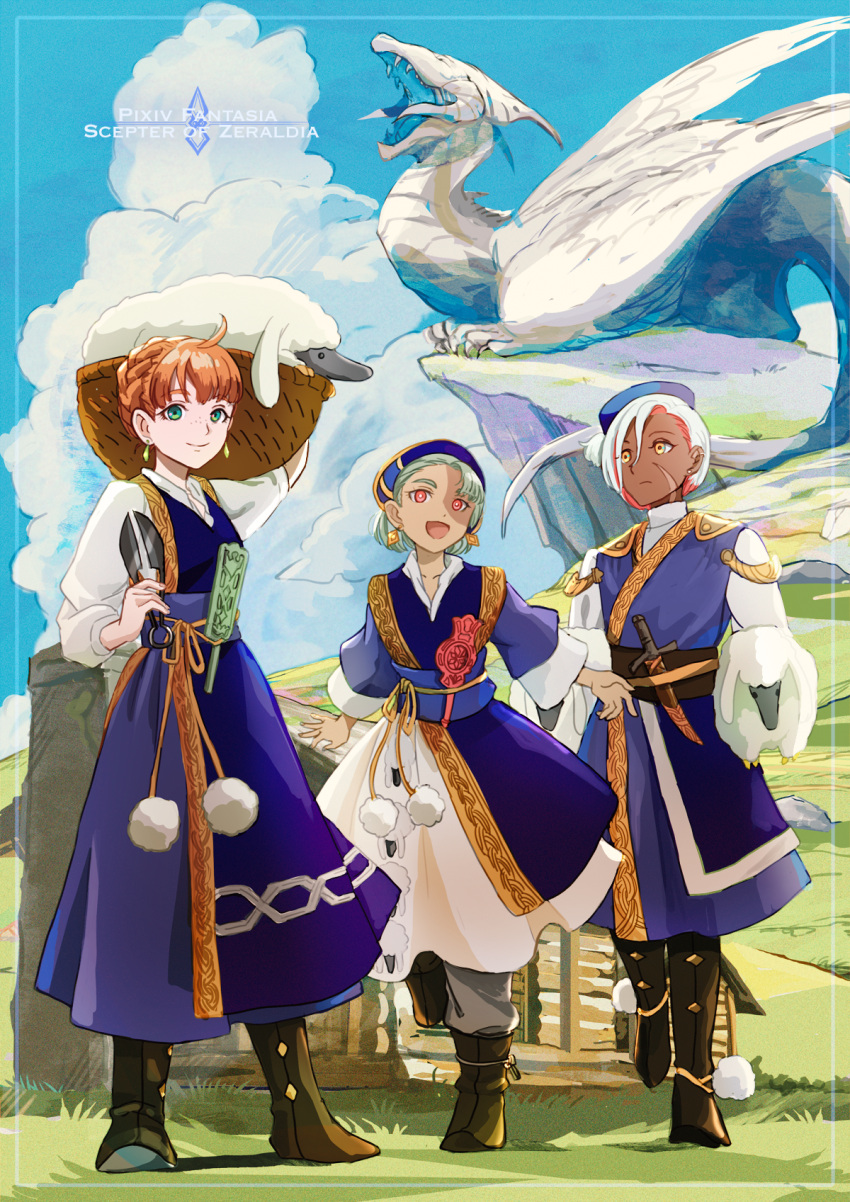 1boy, 2girls, :d, ahoge, animal, basket, blue_eyes, braid, brown_footwear, character_request, clouds, copyright_name, dagger, dark-skinned_male, dark_skin, day, dragon, earrings, freckles, grass, grey_hair, guy_(pfsoz), highres, holding, holding_animal, holding_basket, imacomai, jewelry, knife, multiple_girls, orange_hair, outdoors, pixiv_fantasia, pixiv_fantasia_scepter_of_zeraldia, pom_pom_(clothes), red_eyes, scar, scar_on_face, shears, short_hair, smile, standing, tis_(pfsoz), weapon, white_hair, yellow_eyes