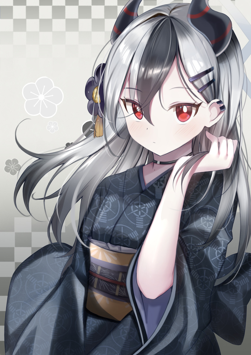 1girl, absurdres, black_choker, black_flower, black_hair, black_kimono, blue_archive, checkered_background