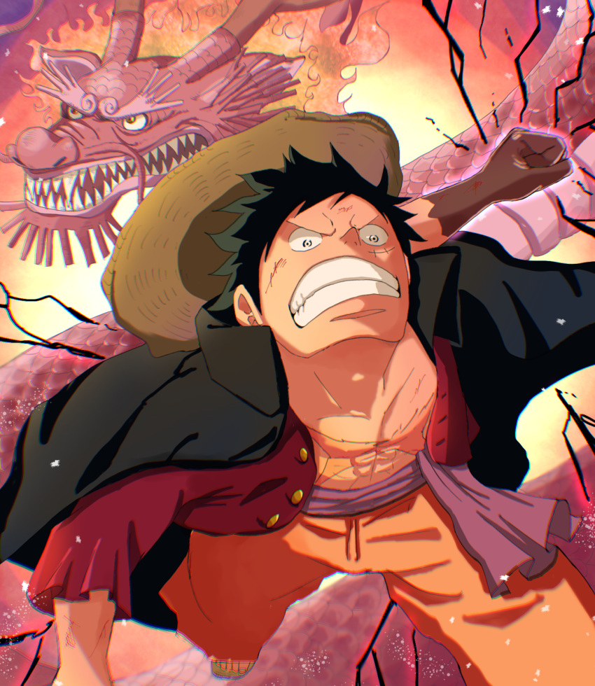 2boys, black_hair, dragon, hat, highres, male_focus, momonosuke_(one_piece), monkey_d._luffy