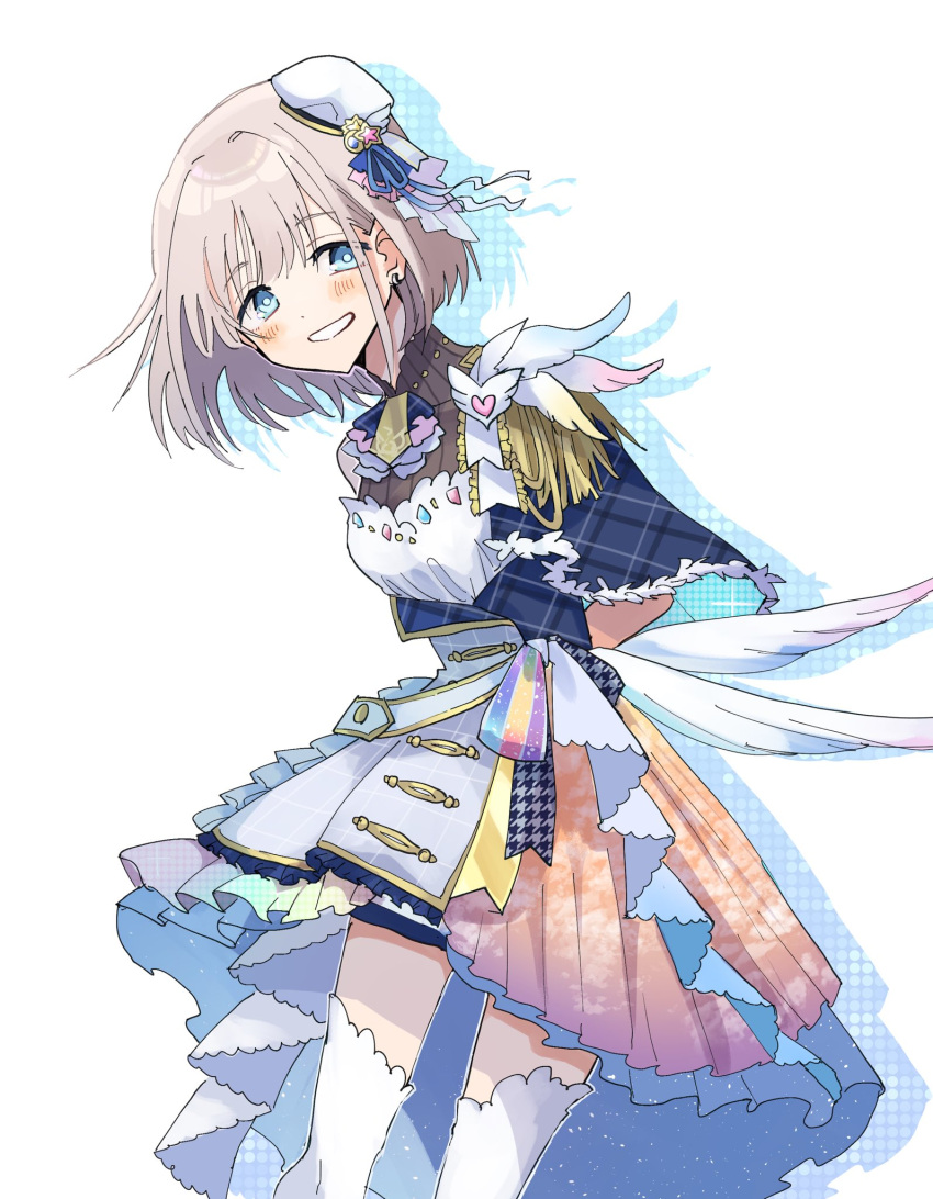 1girl, arm_behind_back, blue_eyes, blue_ribbon, blush, bob_cut, bright_pupils, dress