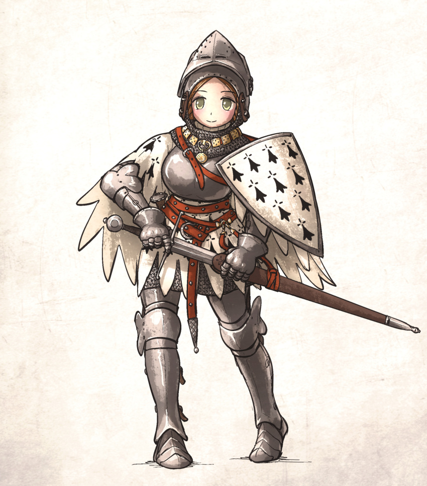 1girl, arm_shield, armor, breastplate, brown_hair, full_armor, full_body, gauntlets