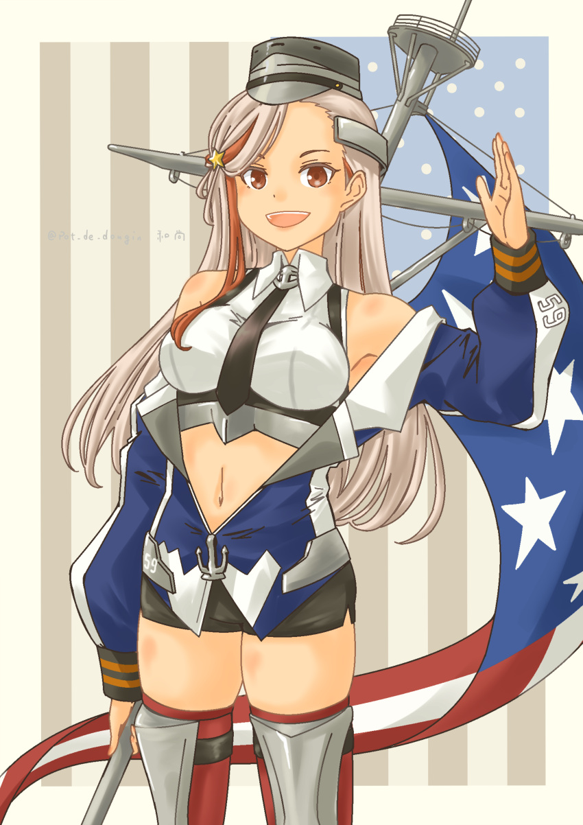 1girl, absurdres, american_flag, black_necktie, black_skirt, blonde_hair, blue_jacket, breasts