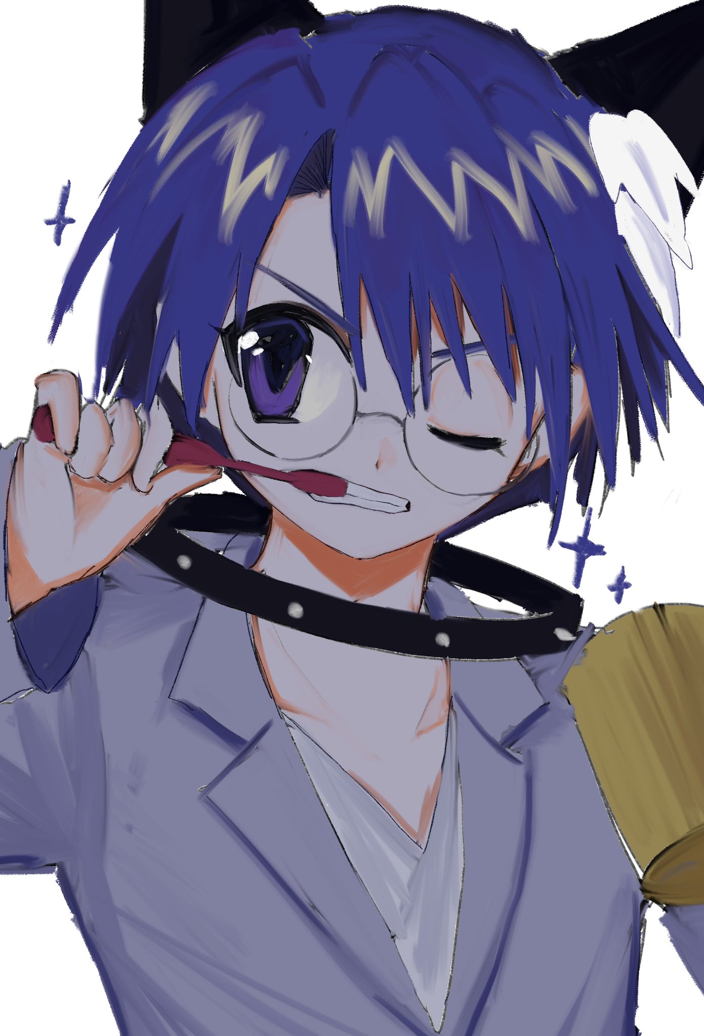 animal_collar, animal_ear_fluff, animal_ears, black_collar, blue_hair, cat_ears, collar, dark_blue_hair