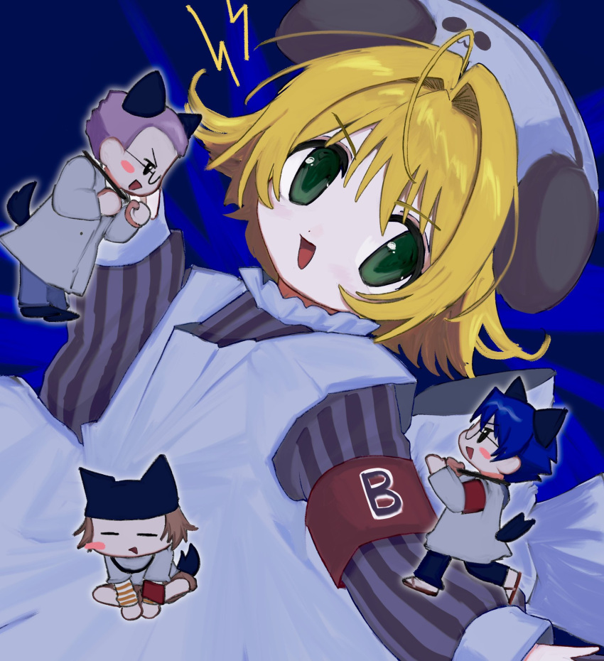 1girl, 3boys, ahoge, animal_ears, apron, blonde_hair, blue_hair, coo_erhard