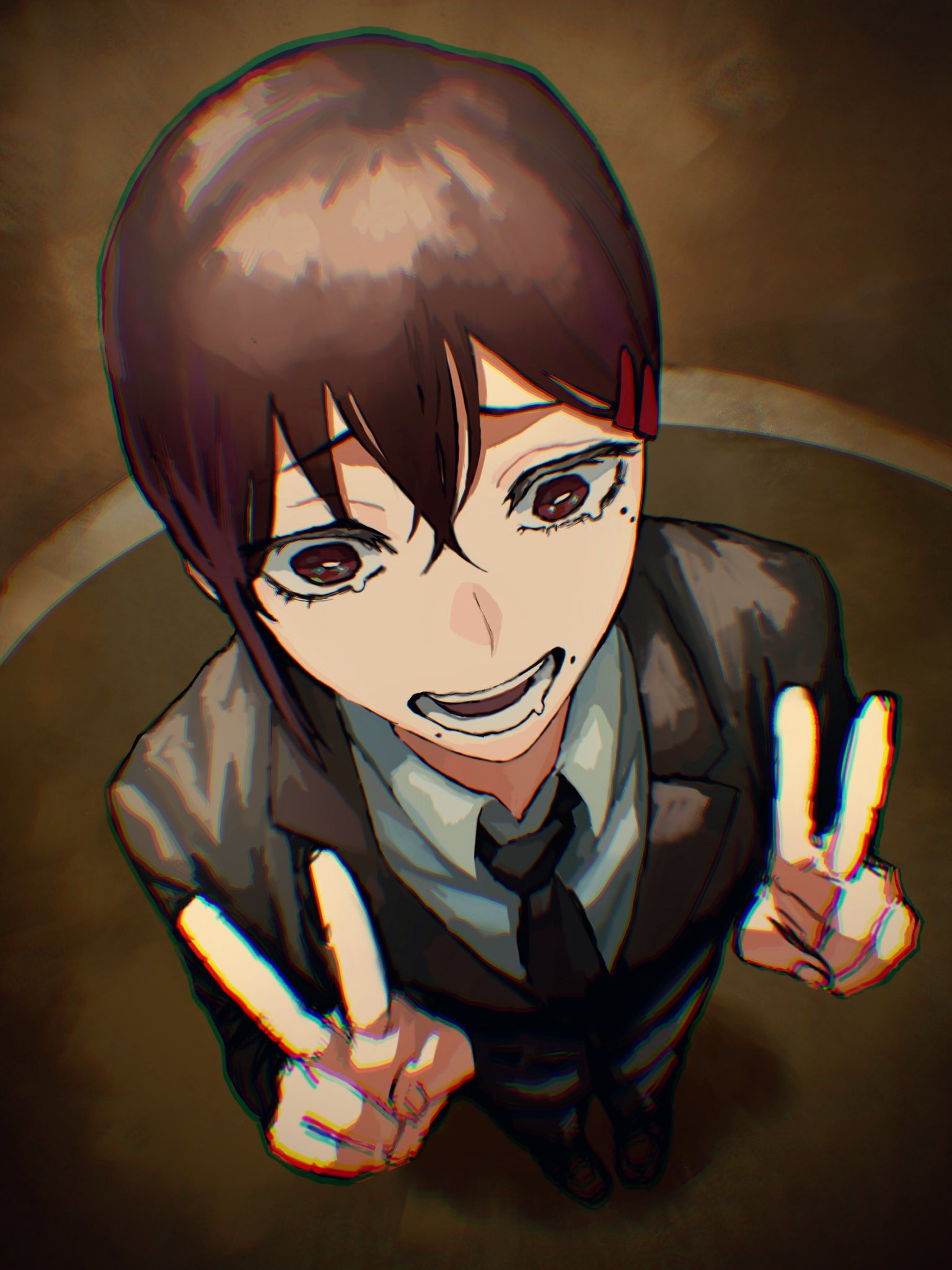 1girl, black_footwear, black_jacket, black_necktie, black_pants, brown_hair, chainsaw_man, chromatic_aberration