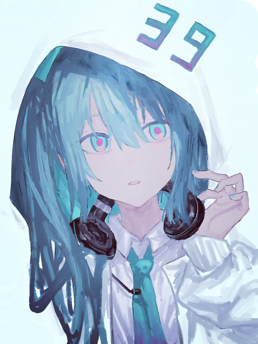 1girl, 39, absurdres, aqua_eyes, aqua_hair, aqua_jacket, aqua_nails, aqua_necktie