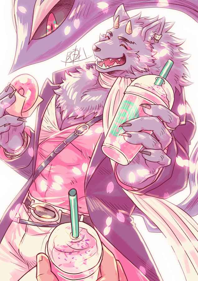 1boy, ambiguous_gender, bathym_(housamo), cherry_blossoms, claws, closed_eyes, cup, demon