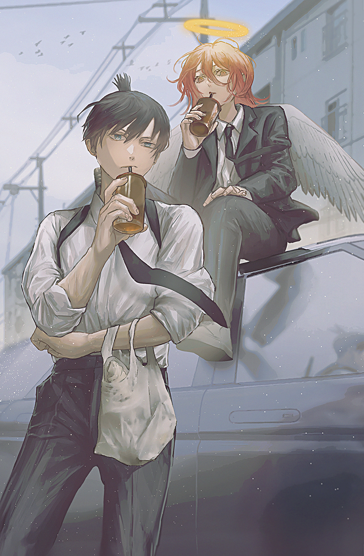 2boys, angel, angel_devil_(chainsaw_man), black_hair, black_jacket, black_necktie, black_pants, blue_eyes