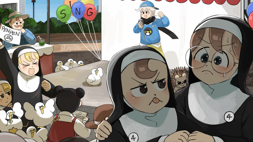 >_<, 1boy, 6+girls, :d, backwards_hat, balloon, bird, black_hair