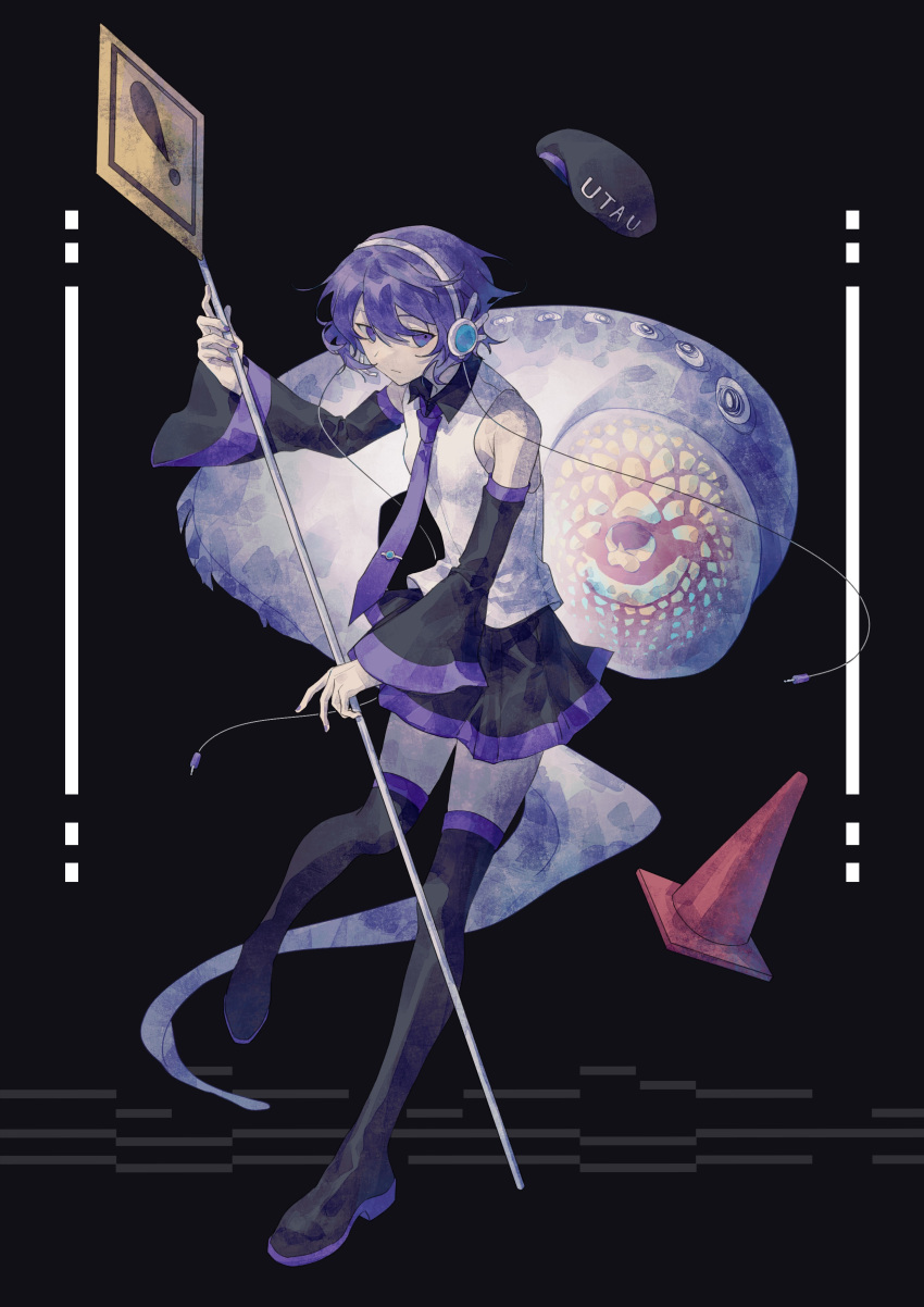 1girl, absurdres, animal, bare_shoulders, beret, black_background, black_footwear, black_skirt, boots, cable, closed_mouth, collared_shirt, copyright_name, detached_sleeves, expressionless, fish, floating_hair, full_body, hat, headphones, headwear_removed, highres, holding, holding_sign, huaji_niang, koronba, lamprey, looking_at_viewer, necktie, oversized_animal, purple_nails, purple_necktie, road_sign, romaji_text, shirt, short_hair, sideways_glance, sign, skirt, sleeveless, sleeveless_shirt, solo, standing, standing_on_one_leg, thigh_boots, tie_clip, traffic_cone, utane_uta, utau, violet_eyes, warning_sign, white_shirt, wide_sleeves, zettai_ryouiki
