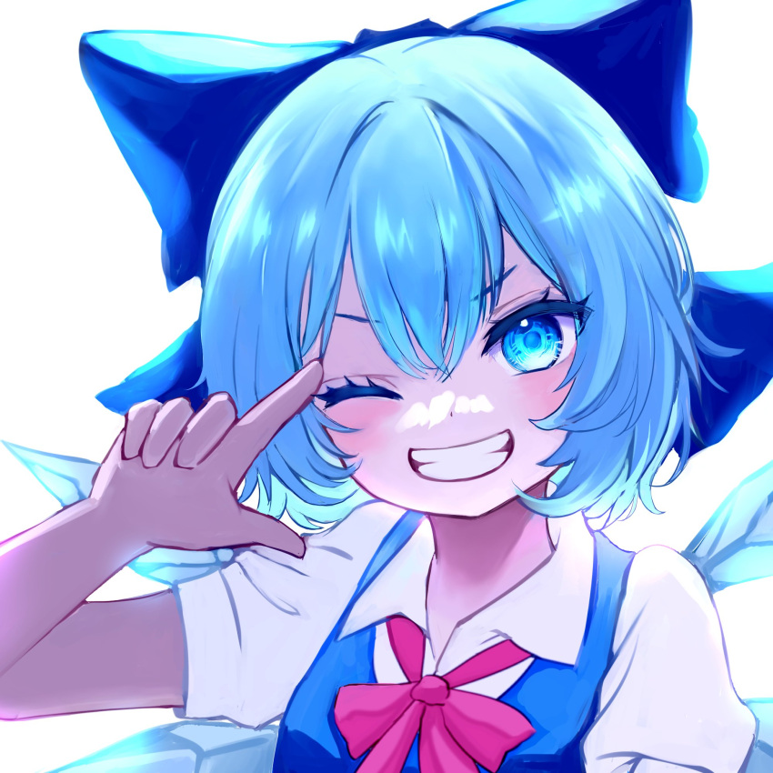 1girl, ;d, blue_bow, blue_eyes, blue_hair, bow, bowtie, cirno