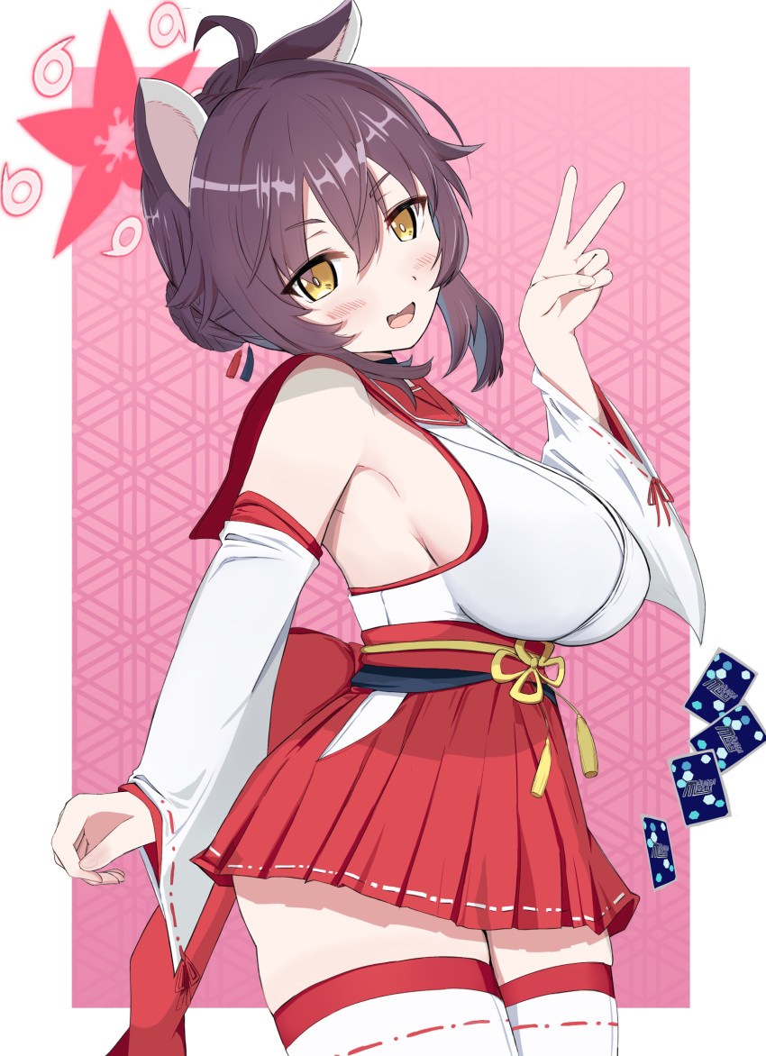 1girl, :d, absurdres, bizen_kurage, black_hair, blue_archive, breasts, commentary_request, detached_sleeves, hair_between_eyes, hair_bun, hair_ornament, hakama, hakama_short_skirt, hakama_skirt, halo, head_tilt, highres, japanese_clothes, kaede_(blue_archive), large_breasts, long_hair, long_sleeves, looking_at_viewer, pleated_skirt, ribbon-trimmed_sleeves, ribbon_trim, school_uniform, serafuku, sideboob, sidelocks, simple_background, single_hair_bun, skirt, smile, solo, thigh-highs, v, white_thighhighs, wide_sleeves, yellow_eyes, zettai_ryouiki