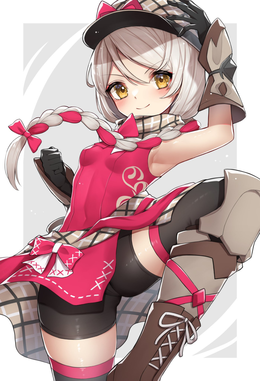 1girl, arm_up, black_gloves, boots, braid, breasts, dress, fire_emblem