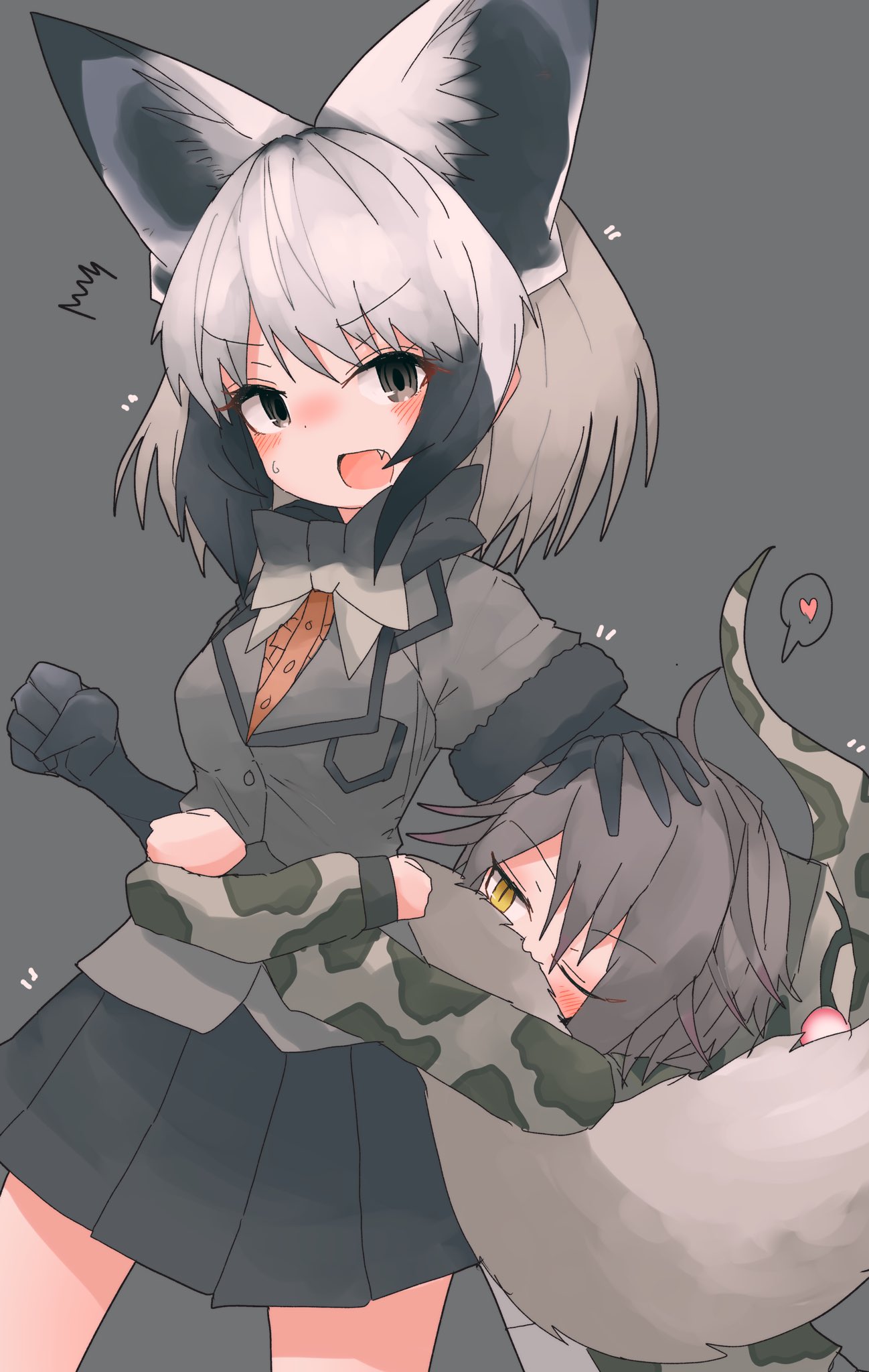 2girls, animal_ears, bat-eared_fox_(kemono_friends), black_gloves, black_hair, black_skirt, blush, bow