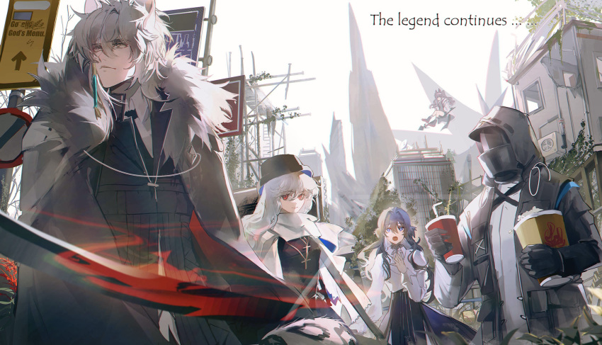 1boy, 1other, 3girls, :o, angelina_(arknights), animal_ear_fluff, animal_ears, arknights