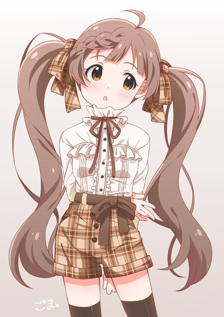 1girl, ahoge, arms_behind_back, artist_name, blush, bow, braid, brown_eyes