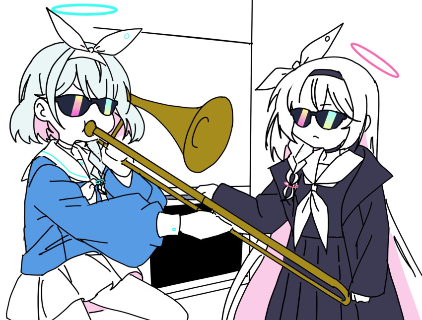2girls, a.r.o.n.a_(blue_archive), arona_(blue_archive), black_choker, black_coat, black_hairband, black_serafuku, black_skirt, blue_archive, blue_hair, blue_serafuku, bow, braid, choker, coat, colored_inner_hair, hair_bow, hairband, halo, highres, instrument, light_blue_hair, long_hair, medium_hair, meme, multicolored_hair, multiple_girls, music, neckerchief, ojin, open_clothes, open_coat, pink_hair, playing_instrument, pleated_skirt, sailor_collar, school_uniform, serafuku, single_braid, skirt, sunglasses, trombone, very_long_hair, when_mama_isn't_home_(meme), white_bow, white_choker, white_hair, white_neckerchief, white_sailor_collar, white_skirt