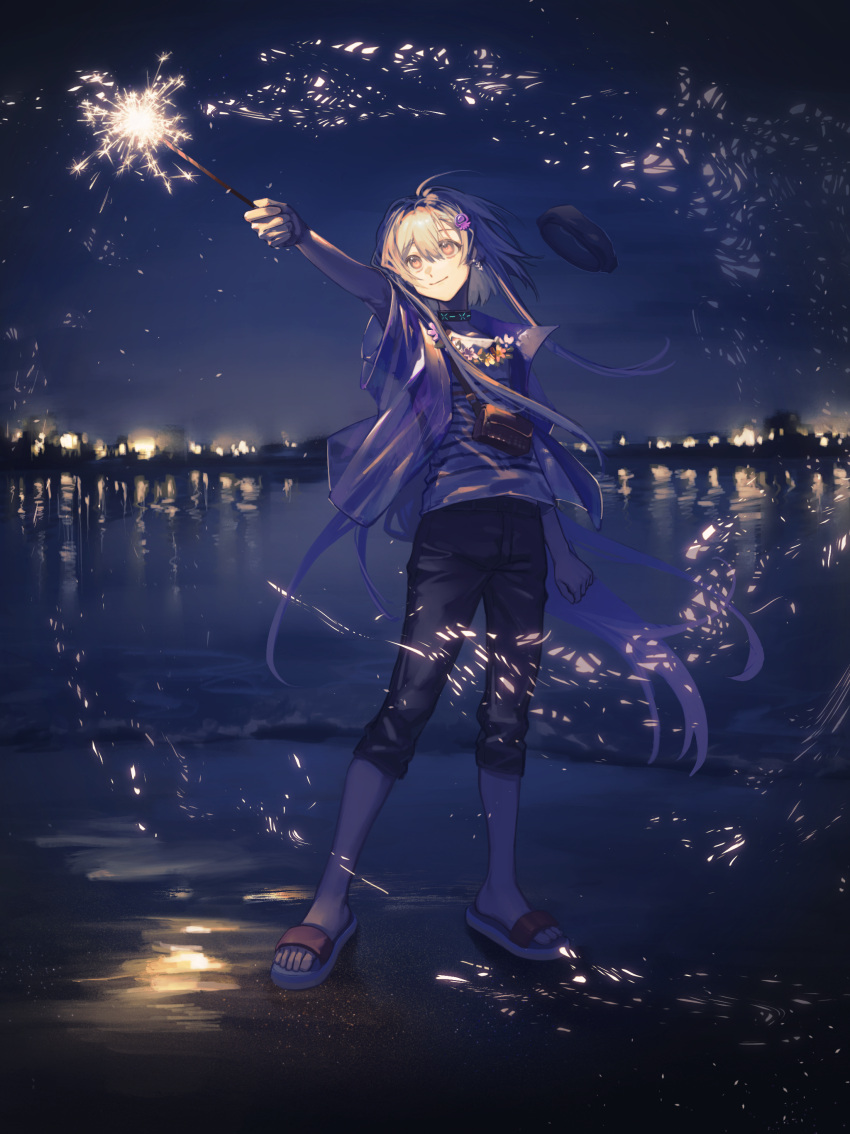1boy, absurdres, arknights, arm_up, beach, black_headwear, black_pants, blue_hair