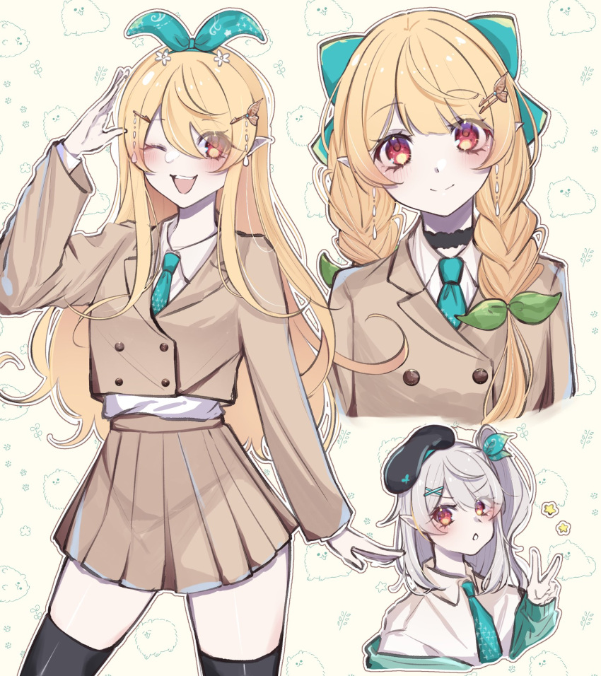 1girl, black_choker, black_thighhighs, blonde_hair, blue_bow, blue_headband, blue_necktie, blue_sweater, bow, braid, brown_jacket, brown_skirt, buttons, choker, collared_shirt, cropped_jacket, double-breasted, green_bow, hair_bow, hair_ornament, headband, highres, jacket, long_hair, long_sleeves, looking_at_viewer, multiple_views, necktie, nijisanji, nijisanji_en, off-shoulder_sweater, off_shoulder, official_alternate_hair_color, official_alternate_hairstyle, one_eye_closed, open_mouth, outline, pleated_skirt, pointy_ears, pomu_rainpuff, red_eyes, salute, shirt, skirt, smile, sweater, teeth, thigh-highs, twin_braids, upper_teeth_only, v, virtual_youtuber, white_outline, white_shirt, yellow_background, yukishiro_(boma_winter)