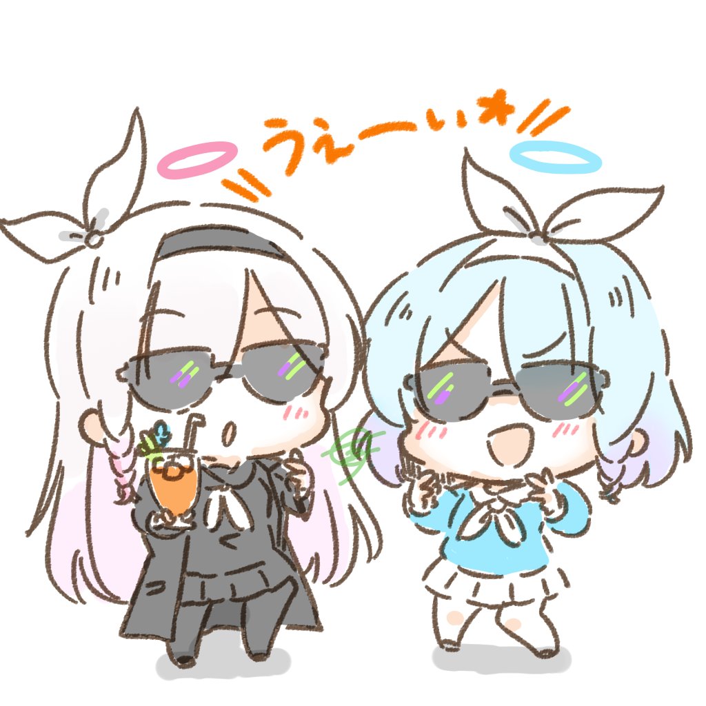 2girls, :d, a.r.o.n.a_(blue_archive), arona_(blue_archive), black_hairband, black_serafuku, black_skirt, blue_archive, blue_hair, blue_serafuku, bow, braid, chibi, commentary_request, drink, go-en, gradient_hair, hair_bow, hair_over_one_eye, hairband, halo, holding, holding_drink, light_blue_hair, long_hair, medium_hair, multicolored_hair, multiple_girls, pink_hair, pleated_skirt, school_uniform, serafuku, single_braid, skirt, smile, sunglasses, white_bow, white_hair, white_skirt