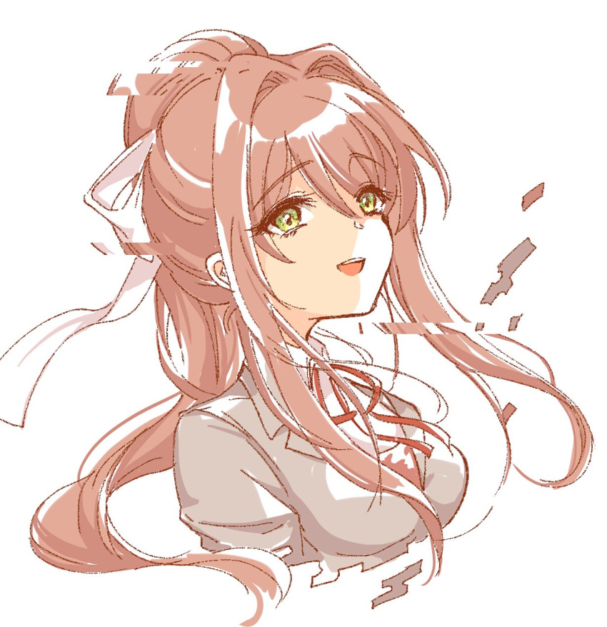 1girl, bow, breasts, brown_hair, doki_doki_literature_club, glitch, green_eyes, grey_jacket