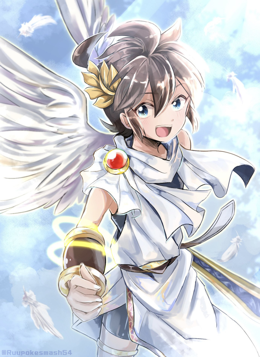 1boy, angel, angel_wings, armband, armlet, blue_eyes, brown_hair, clouds