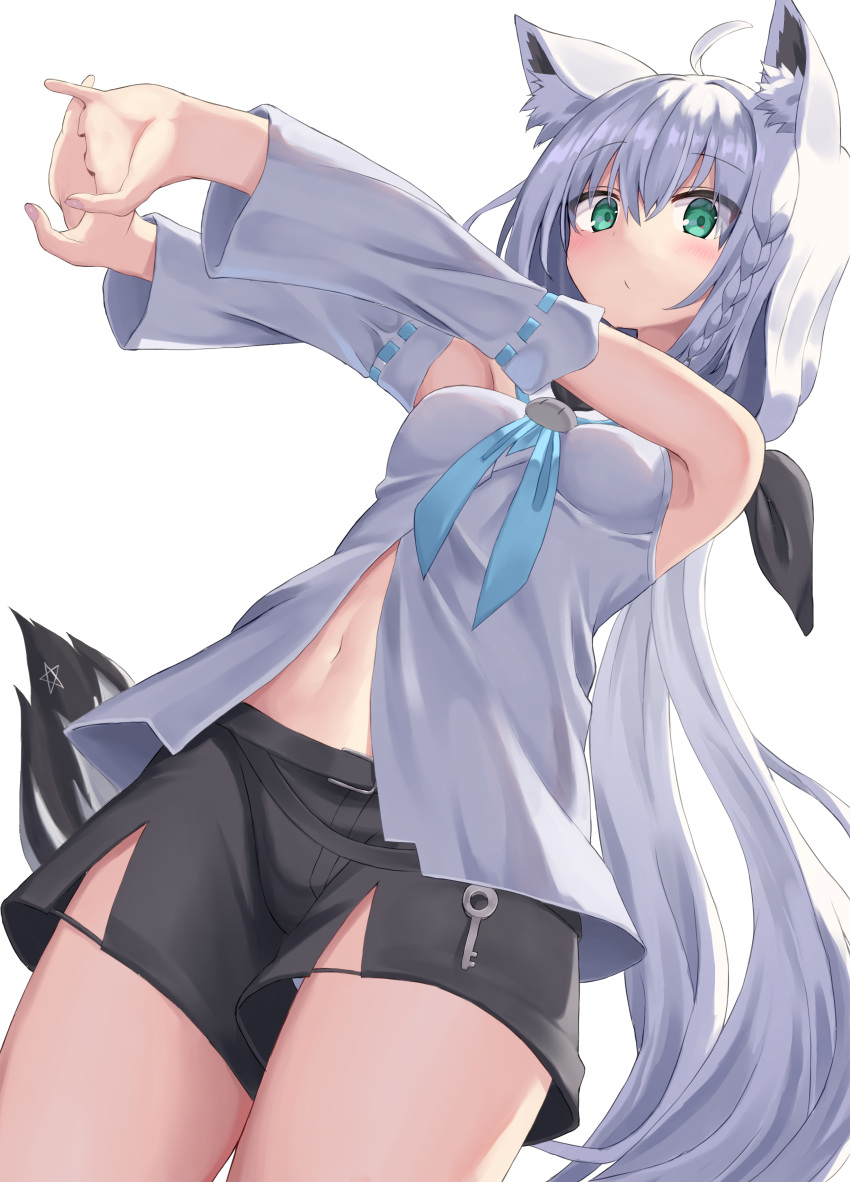 1girl, absurdres, ahoge, animal_ear_fluff, animal_ears, bare_shoulders, black_bow, black_fur